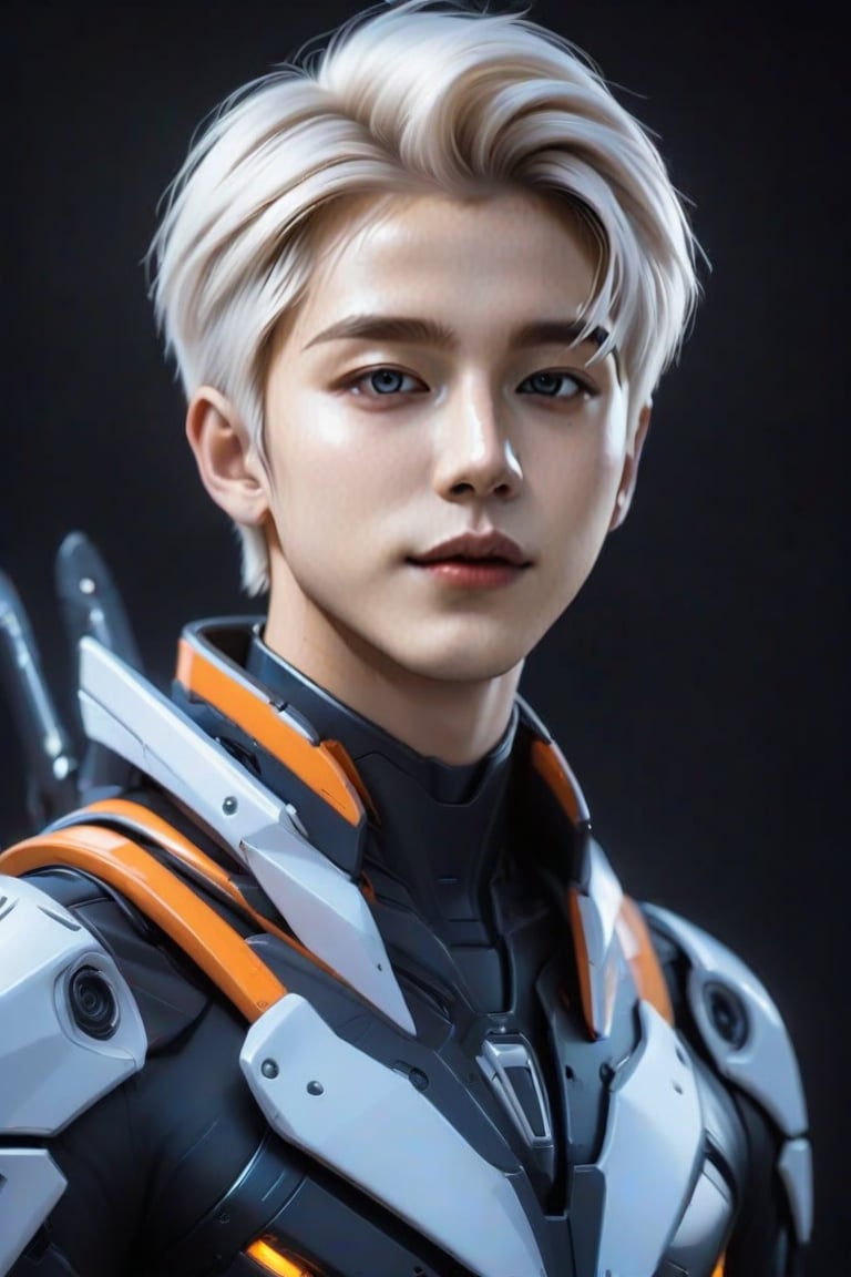 masterpiece, best quality, realistic, 1boy, solo, looking at viewer, blue eyes, blonde hair, standing, white hair, cowboy shot, black background, FuturEvoLabMecha, FuturEvoLabCyberpunk, FuturEvoLabCity, FuturEvoLabBoy