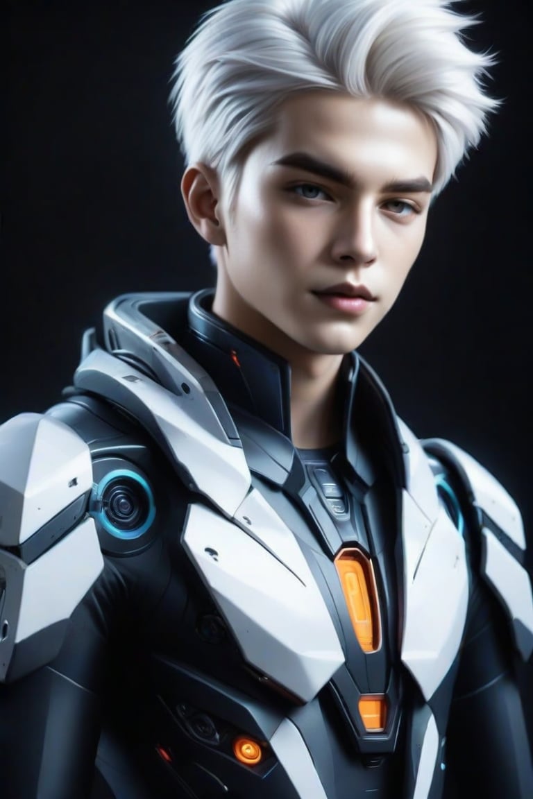 masterpiece, best quality, realistic, 1boy, solo, Short black hair, blue eyes, blonde hair, standing, white hair, cowboy shot, looking at viewer, black background, FuturEvoLabMecha, FuturEvoLabCyberpunk, FuturEvoLabCity, FuturEvoLabBoy