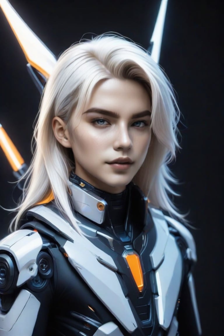 masterpiece, best quality, realistic, 1boy, solo, looking at viewer, blue eyes, blonde hair, standing, white hair, cowboy shot, black background, FuturEvoLabMecha, FuturEvoLabCyberpunk, FuturEvoLabCity, FuturEvoLabBoy