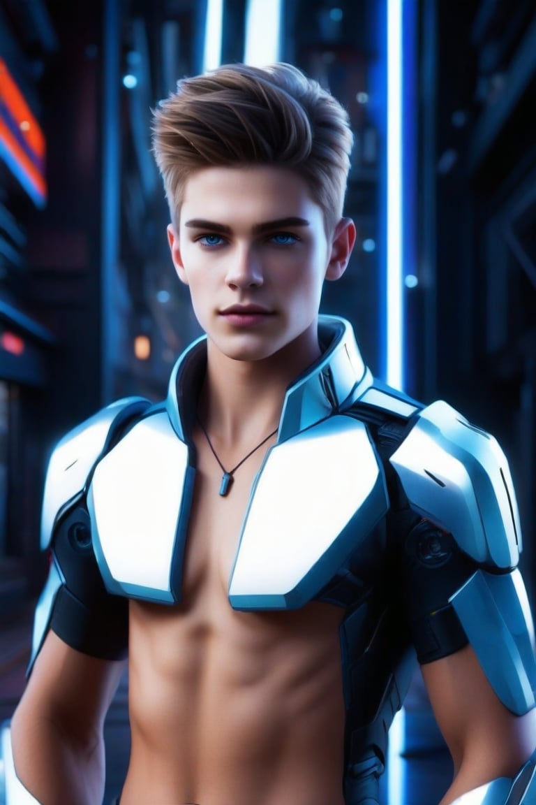 Realistic, FuturEvoLabBoy, 1man, solo, 20-year-old man, short hair, blue eyes, simple background, black background, looking at viewer, masterpiece, best quality, realistic, depth of field, out-of-focus foreground and background, soft bokeh, correct body proportions, beautiful body proportions, FuturEvoLabAnime, FuturEvoLabCity