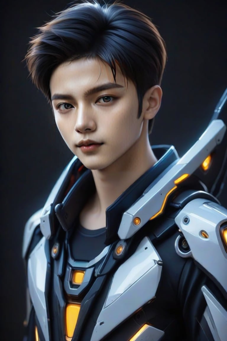 masterpiece, best quality, realistic, 1boy, solo, looking at viewer, black hair, standing, cowboy shot, black background, FuturEvoLabMecha, FuturEvoLabCyberpunk, FuturEvoLabCity, FuturEvoLabBoy, 