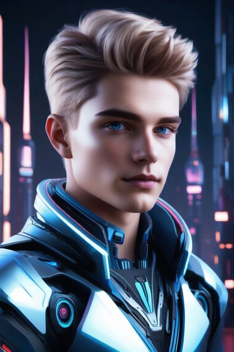 masterpiece, best quality, realistic, 1man, solo, 20-year-old man, short hair, blue eyes, simple background, black background, looking at viewer, depth of field, out-of-focus foreground and background, soft bokeh, correct body proportions, beautiful body proportions, FuturEvoLabBoy, FuturEvoLabCity,FuturEvoLabCyberpunk