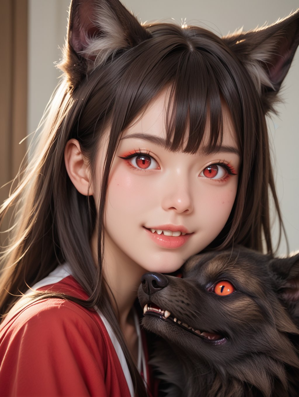 score_9, score_8_up, score_7_up,perfect eyes, kitsune, werewolf, red eyes, black skin, pretty girl, cute girl, teasing