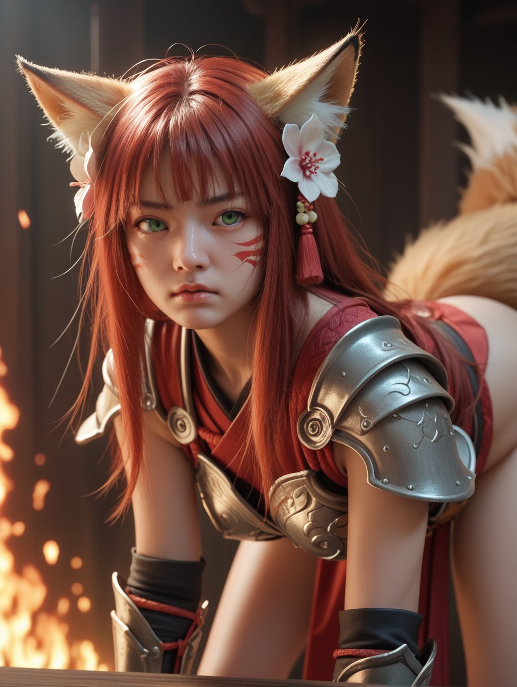 score_9, score_8_up, score_7_up,source_real,rating_explicit,BREAK1girl, red hair, green eyes, armor, hair flower, fox ears, fox tail, samurai, (detailed face and eyes:1.2) BREAK fire, bent over, 