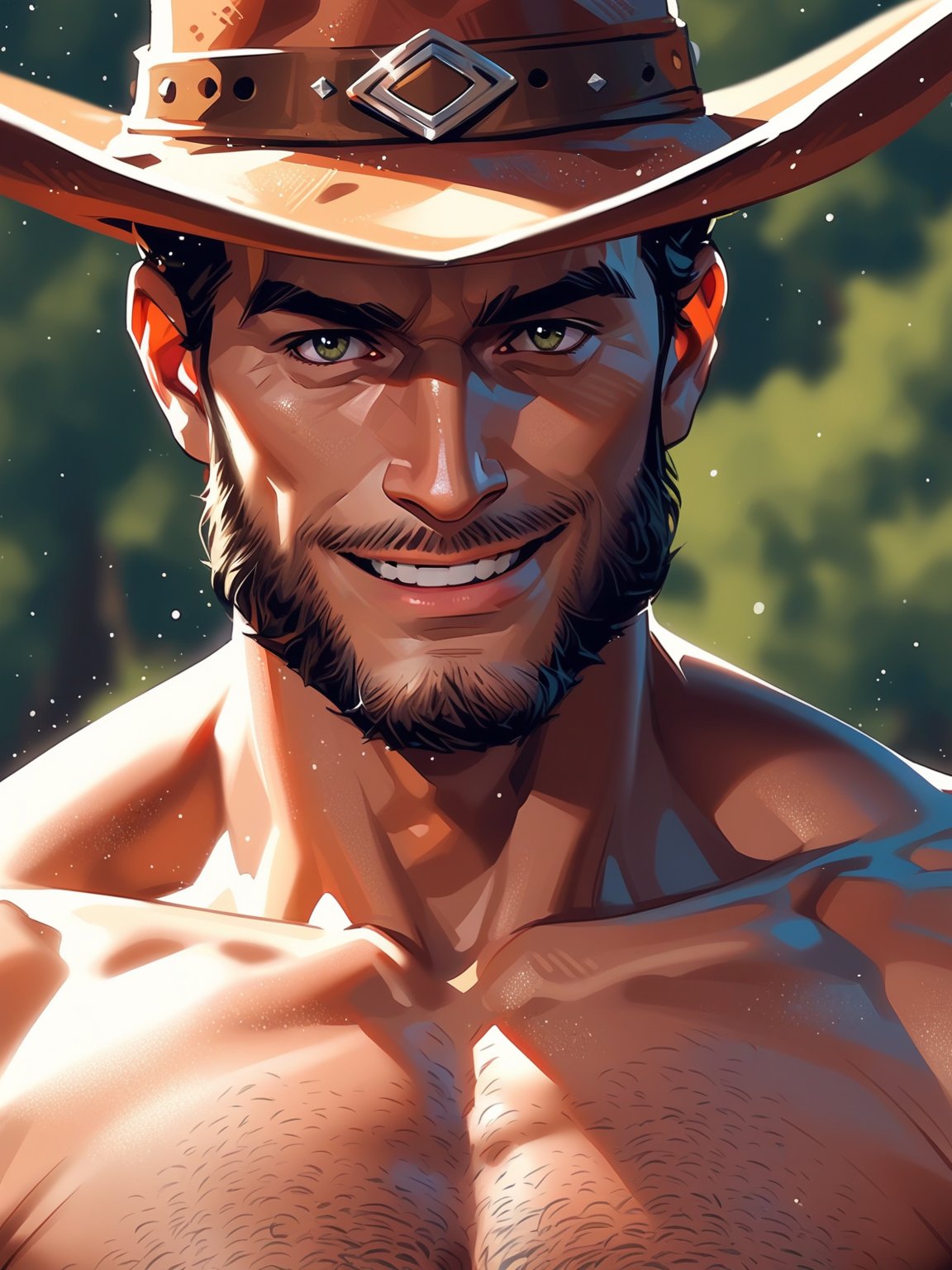 (zPDXL2), score_9, score_8_above, score_8, score_9, A man, nerdy cowboy, (with cowboy hat), no shirt, well-groomed beard, body hair, cute appearance, jeans, upper part of the body, exposed chest, charming smile, deep gaze, farm in the background, cinematic, GlamorShots_PDXL
