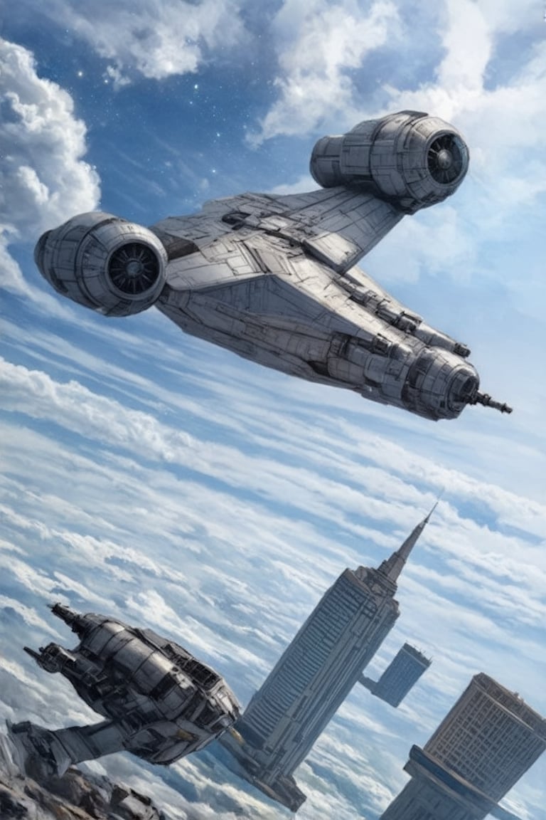 A starship razor crest \(star wars\) flying over a city,sky,cloud,futuristic city skyscrapers,cannons on head side,canopy on head top,jet engine on wing tip,top mounted wingsblunt head,door on left side,realistic,detailed,sharp focus,high contrast, ek_raz0r_cre5t,ek_rcfr0nt_left