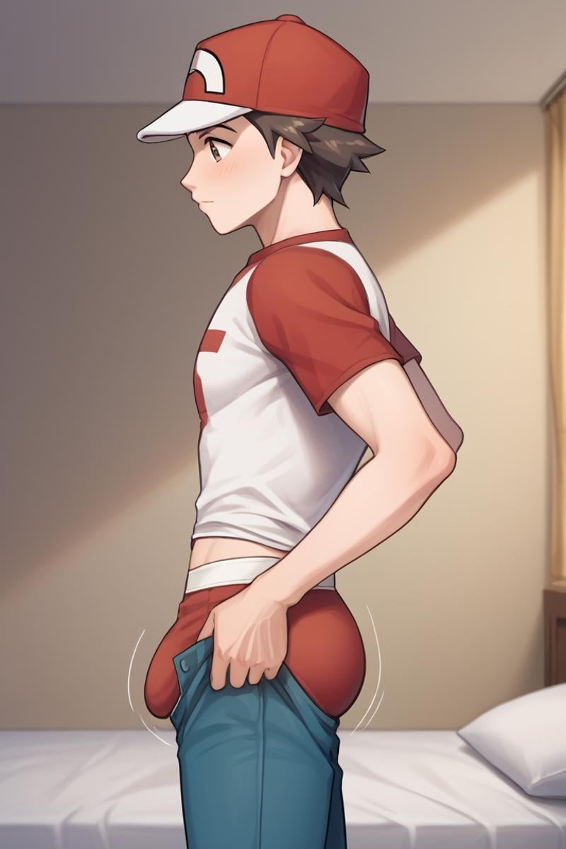 score_9, score_8_up, score_7_up, score_6_up, masterpiece, best quality, amazing quality, best aesthetic, absurdres, intricate details, cute face, source_anime, male focus, slim, skinnyguy_pants, pants pull, , from side, male underwear, open pants, pants lift, bulge lift, 1boy, male focus, solo,bouncing ass, ass, bouncing bulge, bedroom, red_sm, red with white baseball cap, blue pants, brown eyes, brown hair, raglan sleeves<lora:EMS-353623-EMS:1.000000>, <lora:EMS-443702-EMS:1.000000>