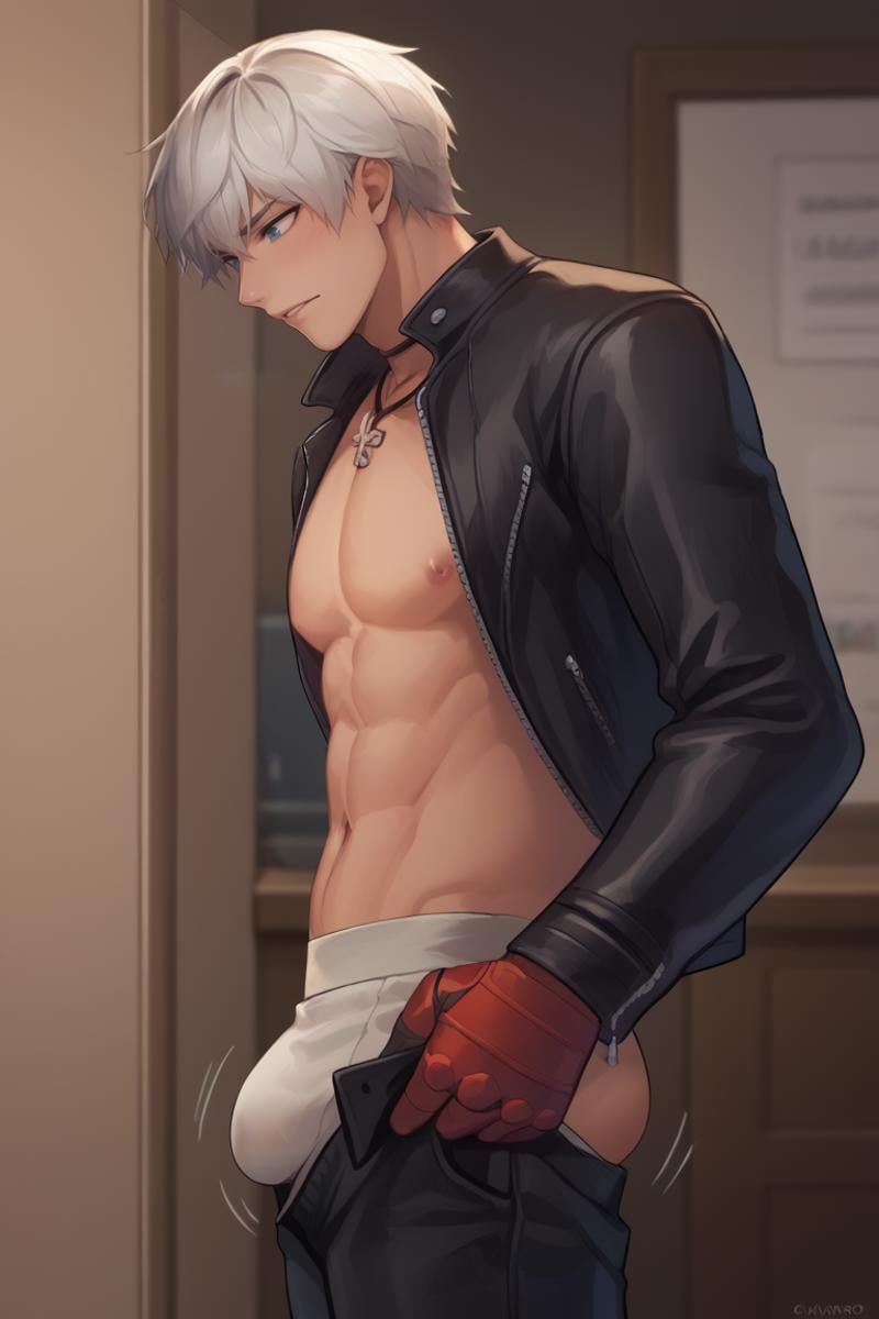 score_9, score_8_up, score_7_up, score_6_up, masterpiece, best quality, amazing quality, best aesthetic, absurdres, intricate details, cute face, source_anime, male focus, slim, skinnyguy_pants, pants pull, bulge, from side, male underwear, open pants, pants lift, bulge lift, 1boy, male focus, solo,bouncing ass, bouncing bulge, k_kof, gray hair, blue eyes, black leather jacket, black leather pants, necklace, belt, red single glove,bedroom<lora:EMS-443702-EMS:1.000000>, <lora:EMS-369400-EMS:1.000000>