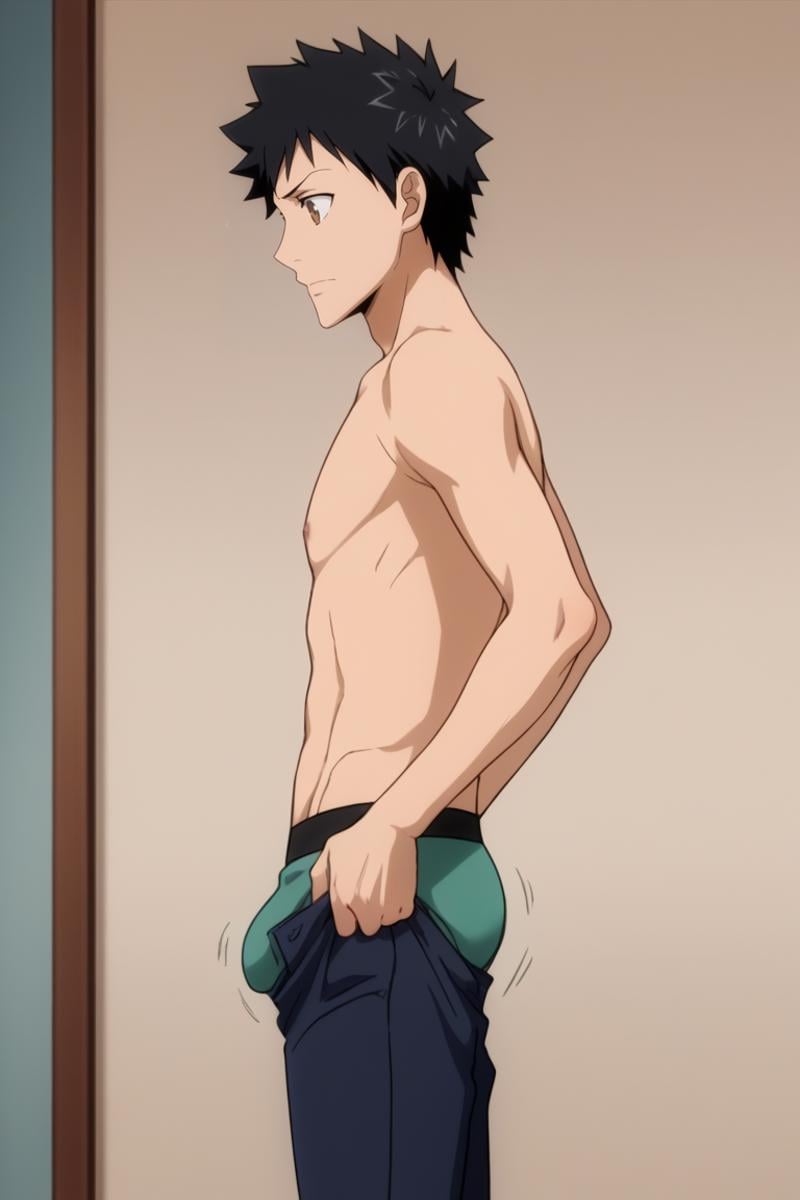 score_9, score_8_up, score_7_up, score_6_up, masterpiece, best quality, amazing quality, best aesthetic, absurdres, intricate details, cute face, source_anime, male focus, slim, skinnyguy_pants, pants pull, bulge, from side, male underwear, open pants, pants lift, bulge lift, 1boy, male focus, solo,bouncing ass, bouncing bulge, topless,Takeshi Yamamoto, black hair, brown eyes<lora:EMS-443702-EMS:1.000000>, <lora:EMS-391483-EMS:1.000000>