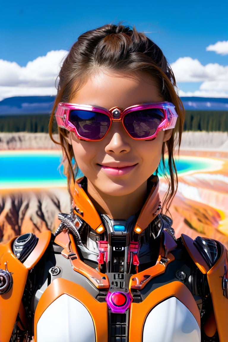 realistic photo of a beautiful cyborg girl standing in Grand Prismatic Spring of Yellowstone,20yo,sunglasses,detailed face,model body,looking at viewer,playful smirks,detailed hair blowing,vibrant colors,highly detailed form-fitting mecha armor,upper body focus
BREAK
backdrop:detailed photo of Grand Prismatic Spring \(grandpr1smat1c\) in Yellowstone,1 spring,
 BREAK 
rule of thirds,studio photo,detailed,realistic,cinematic lighting,Ye11owst0ne,grandpr1smat1c