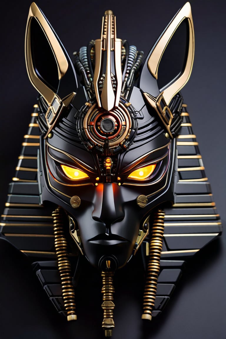 sharp detailed artistic cybernetic full head mask Anubis with glowing eyes and gems embedded data cables glowing led 