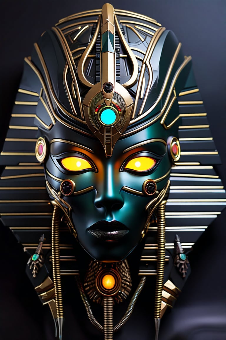 sharp detailed artistic cybernetic scary full head mask Egyptian style goddess of death with glowing eyes and gems embedded data cables glowing led 