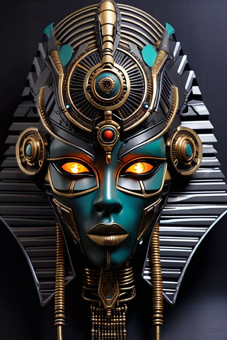 sharp  detailed artistic cybernetic scary full head mask Egyptian style goddess of death steampunk with glowing eyes and gems embedded data cables