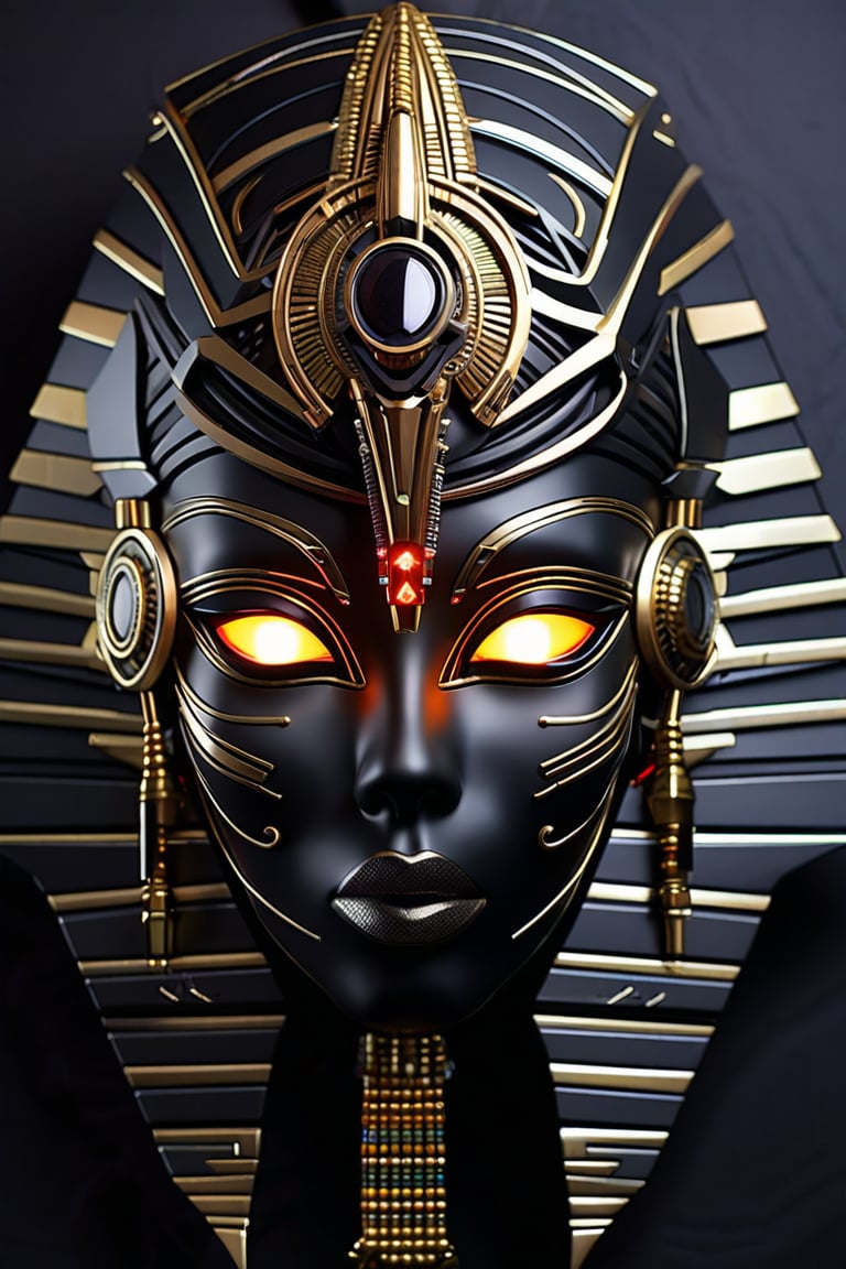 sharp detailed artistic cybernetic scary full head mask Egyptian style goddess of death with glowing eyes and gems embedded data cables glowing led 