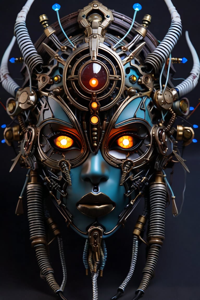 sharp  detailed artistic cybernetic scary full head mask goddess of death steampunk with glowing eyes and gems embedded data cables