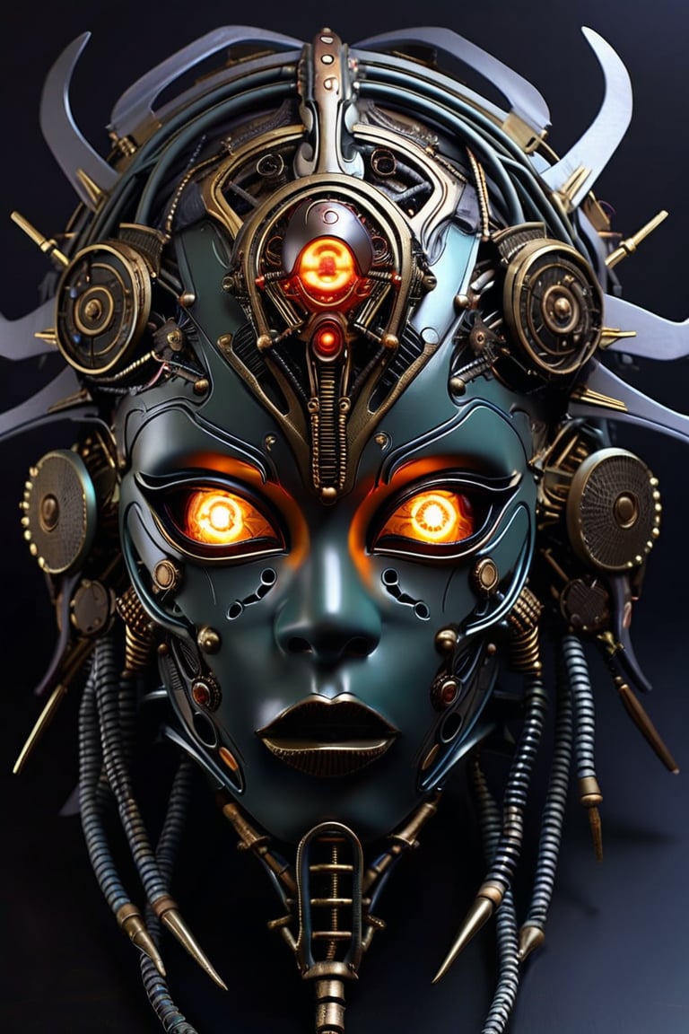 sharp  detailed artistic cybernetic scary full head mask goddess of death steampunk with glowing eyes and gems embedded data cables