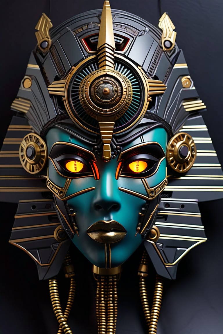 sharp  detailed artistic cybernetic scary full head mask Egyptian style goddess of death steampunk with glowing eyes and gems embedded data cables