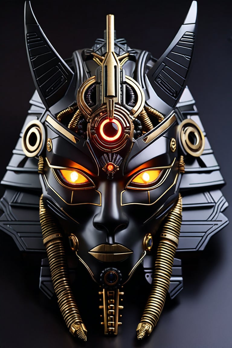 sharp detailed artistic cybernetic full head mask Anubis with glowing eyes and gems embedded data cables glowing led 