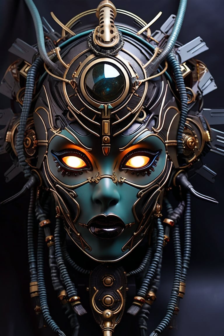 sharp  detailed artistic cybernetic scary full head mask Greek style goddess of death steampunk with glowing eyes and gems embedded data cables