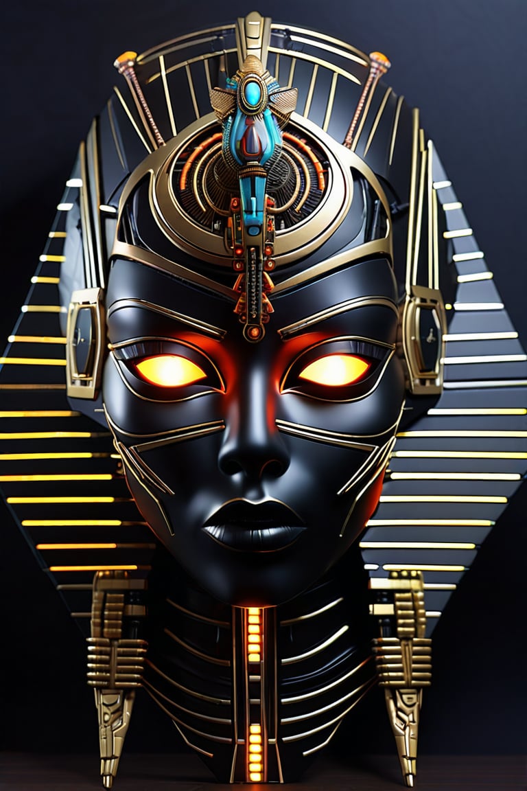 sharp detailed artistic cybernetic scary full head mask Egyptian style goddess of death with glowing eyes and gems embedded data cables glowing led 