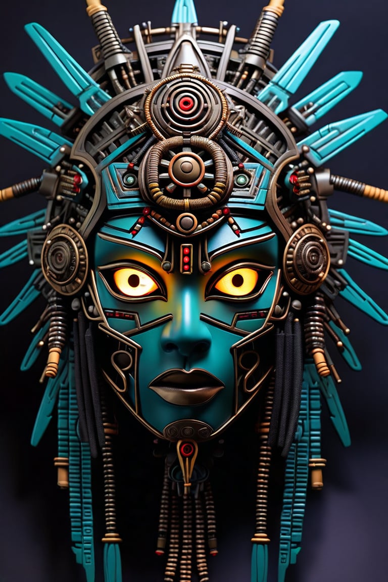 sharp  detailed artistic cybernetic scary full head mask Aztec style goddess of death steampunk with glowing eyes and gems embedded data cables