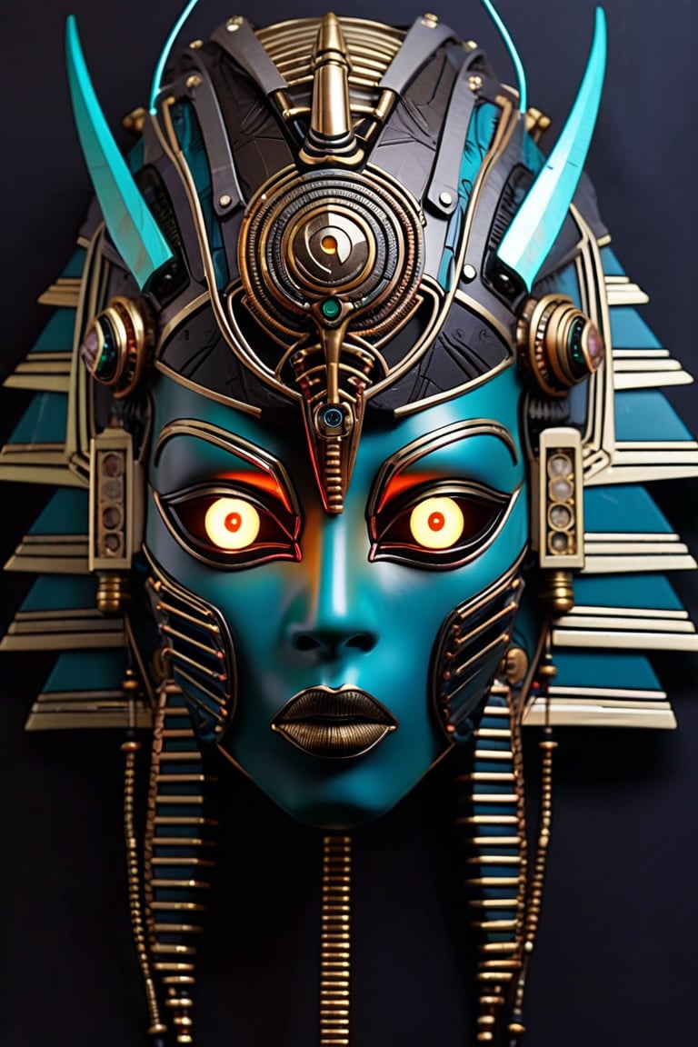 sharp  detailed artistic cybernetic scary full head mask Egyptian style goddess of death steampunk with glowing eyes and gems embedded data cables