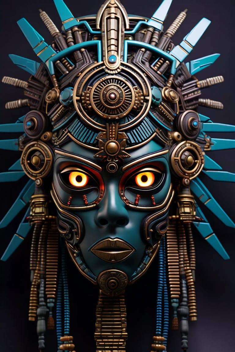 sharp  detailed artistic cybernetic scary full head mask Aztec style goddess of death steampunk with glowing eyes and gems embedded data cables