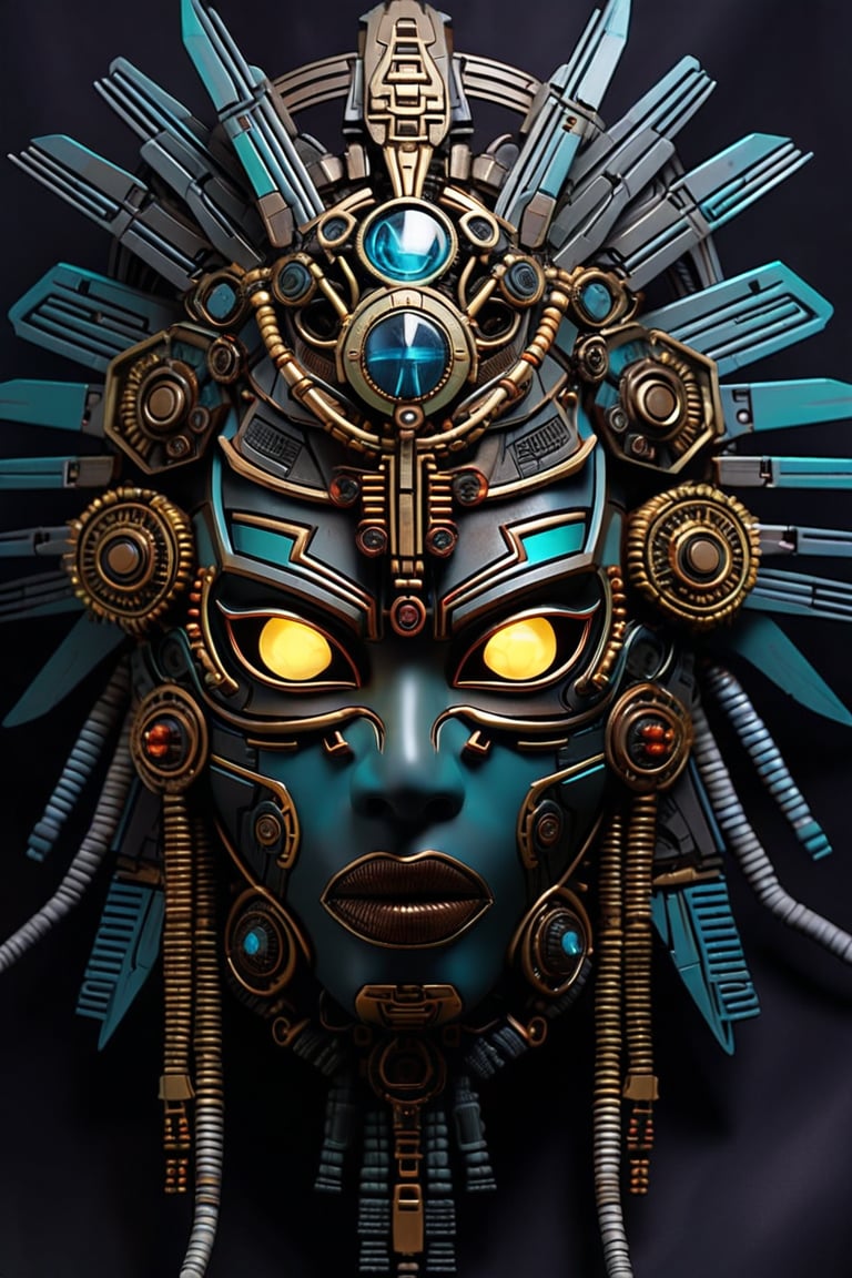 sharp  detailed artistic cybernetic scary full head mask Aztec style goddess of death steampunk with glowing eyes and gems embedded data cables