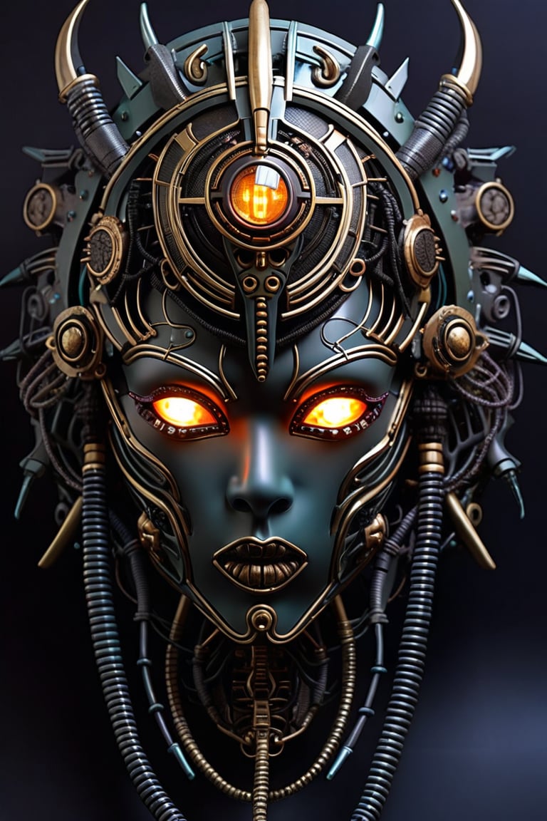 sharp  detailed artistic cybernetic scary full head mask Greek style goddess of death steampunk with glowing eyes and gems embedded data cables