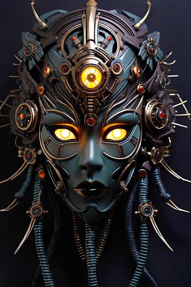 sharp  detailed artistic cybernetic scary full head mask Greek style goddess of death steampunk with glowing eyes and gems embedded data cables