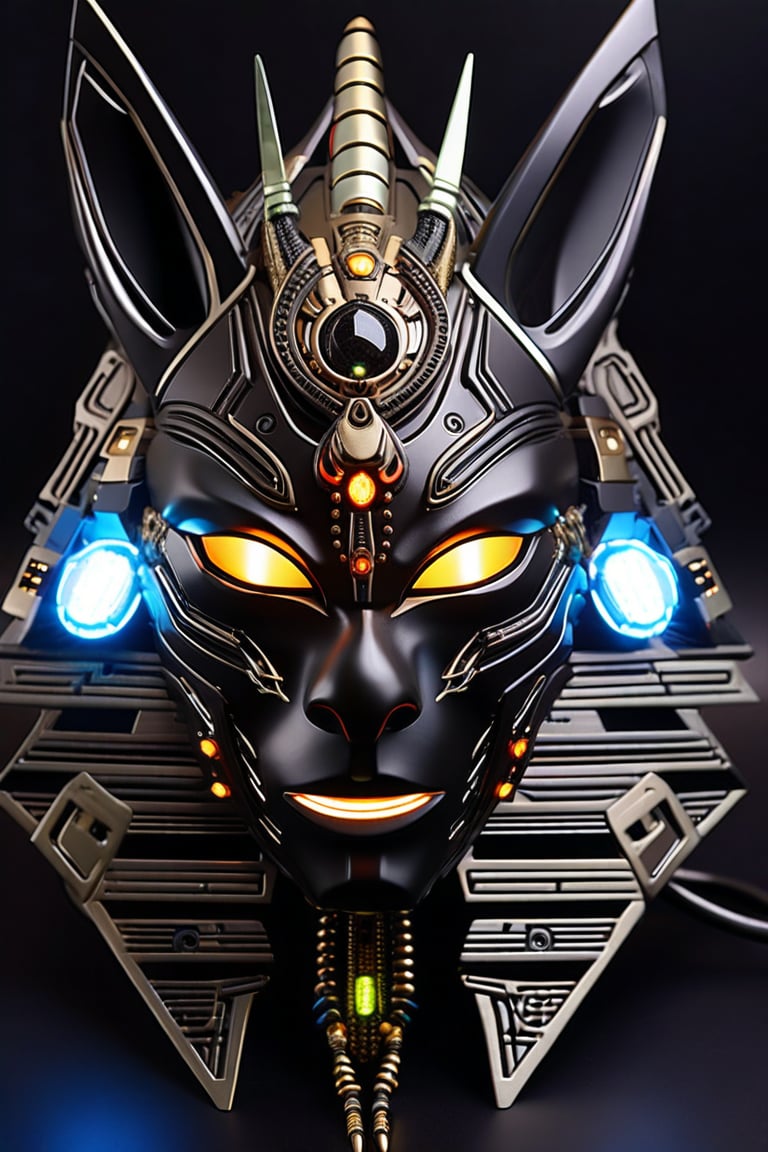 sharp detailed artistic cybernetic full head mask Anubis with glowing eyes and gems embedded data cables glowing led 