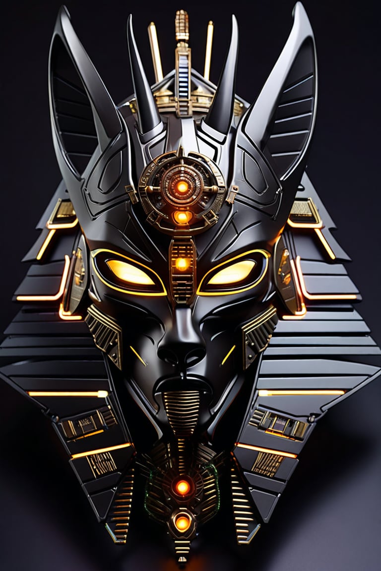 sharp detailed artistic cybernetic full head mask Anubis with glowing eyes and gems embedded data cables glowing led 