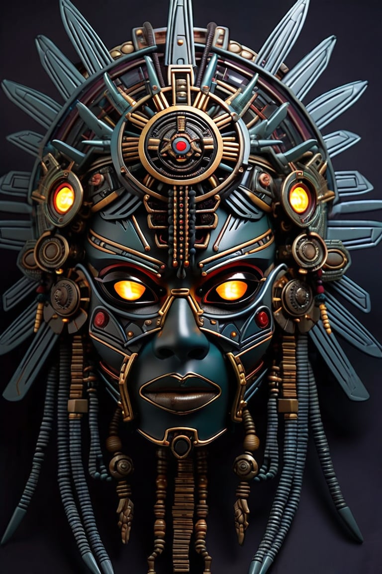 sharp  detailed artistic cybernetic scary full head mask Aztec style goddess of death steampunk with glowing eyes and gems embedded data cables