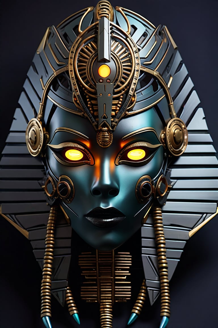 sharp  detailed artistic cybernetic scary full head mask Egyptian style goddess of death steampunk with glowing eyes and gems embedded data cables