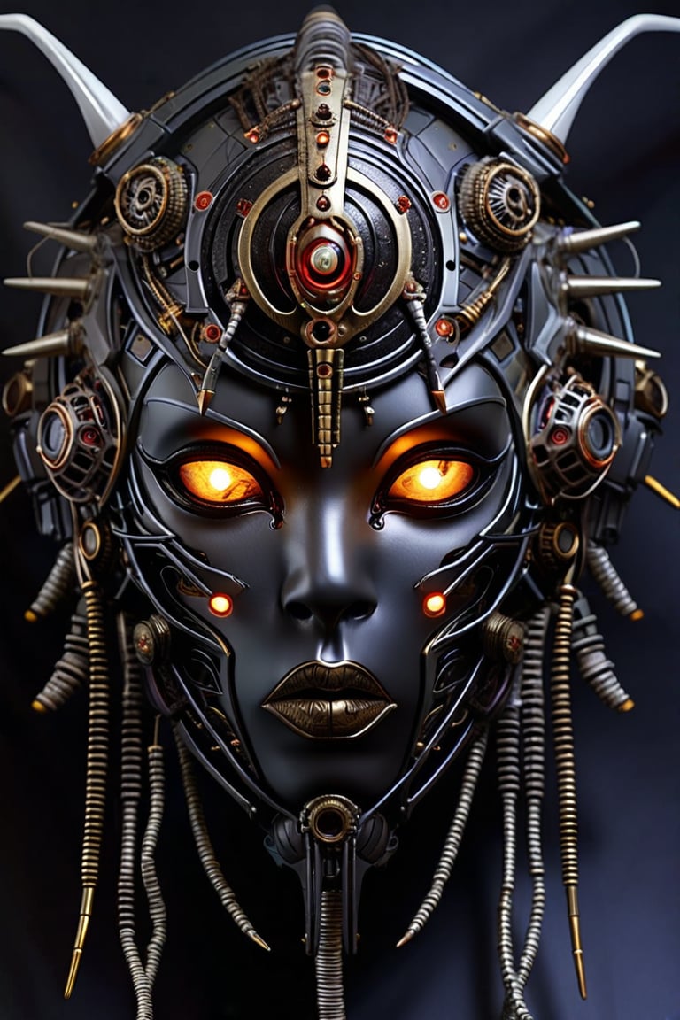 sharp  detailed artistic cybernetic scary full head mask goddess of death steampunk with glowing eyes and gems embedded data cables