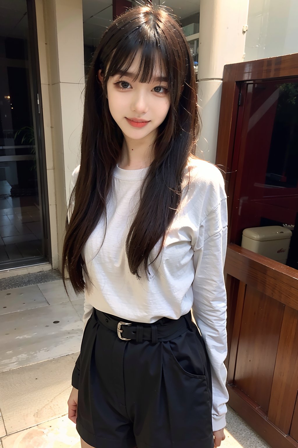 best quality,masterpiece,ultra high res,looking at viewer,simple background, 1girl, solo, looking_at_viewer, black hair,realistic,(standing),slim,(smile)(,hands_behind_back),