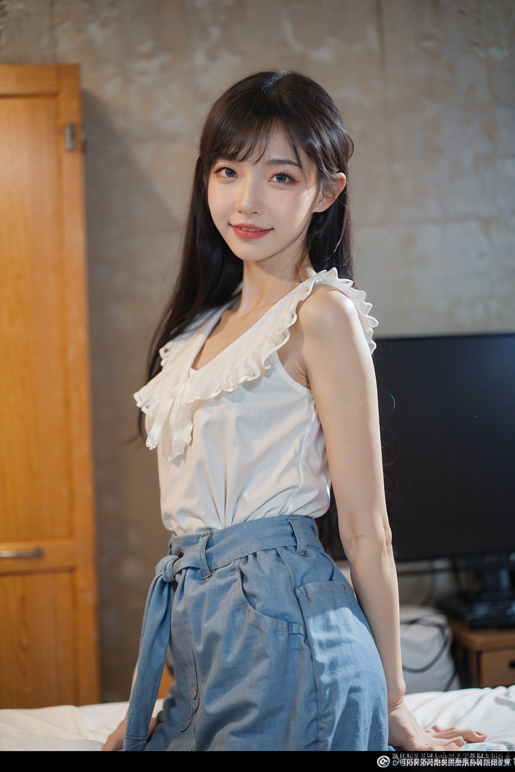 best quality,masterpiece,ultra high res,looking at viewer,simple background, 1girl, solo, looking_at_viewer, black hair,realistic,(standing),slim,(smile)(,hands_behind_back),