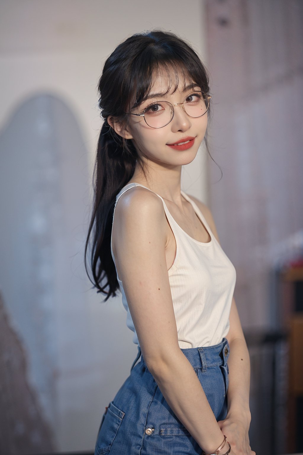 best quality,masterpiece,ultra high res,looking at viewer,simple background, 1girl, solo, looking_at_viewer, black hair,realistic,(standing),slim,(smile)(,hands_behind_back),glasses