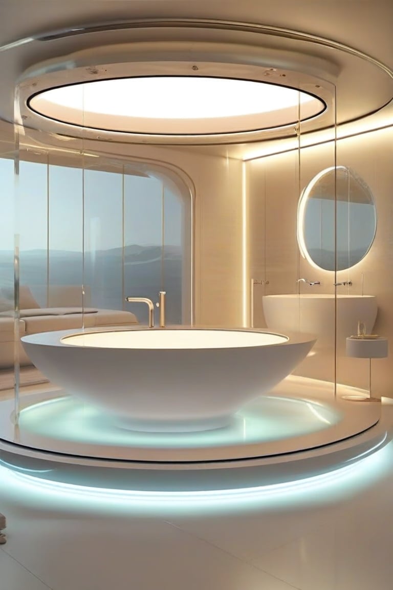 living concept, A futuristic Orbital Bathroom Concept that showcases Futuristic Minimalism. The bathroom features a circular layout with a central, freestanding tub that appears to float above the floor. The walls are made of translucent, frosted glass that offers privacy while allowing soft light to filter in. The fixtures are sleek and minimal, with hidden plumbing and touchless controls. The design is clean, modern, and inspired by the idea of orbiting in space, creating a luxurious, spa-like experience.