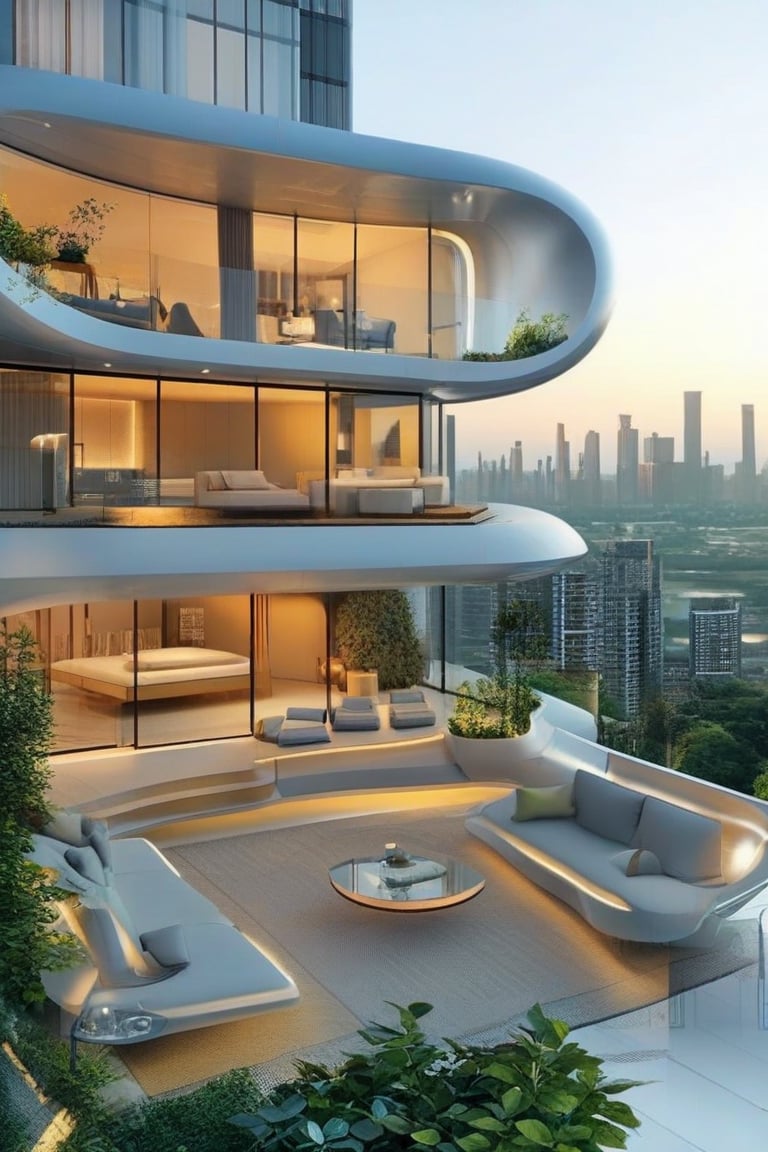 A sleek, Futuristic Minimalism design for a Skyline Living Concept. The building features clean, sharp lines and glass facades that reflect the city below. Inside, open-plan living spaces are flooded with natural light, with minimalist furniture and integrated smart home technology. The design includes rooftop gardens and terraces that seamlessly blend with the architecture, offering a tranquil escape within the urban environment.,living concept