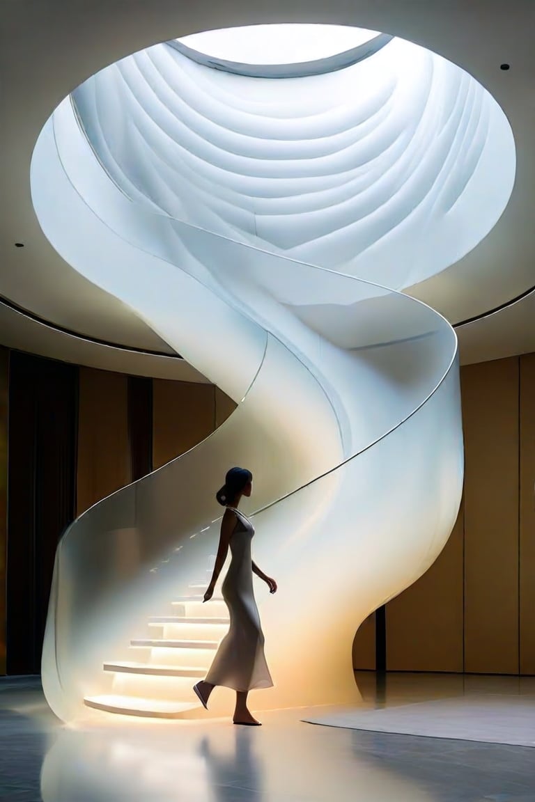  a woman appears to be ascending a spiral staircase. The staircase is designed with flowing, organic lines and is made of a material that resembles frosted glass or a similar translucent substance. The person is wearing a dress that complements the modern and artistic aesthetic of the staircase. The background includes a wall that curves in harmony with the staircase, and the overall color scheme is neutral, featuring shades of white and beige. The image evokes a sense of elegance and contemporary design, living concept