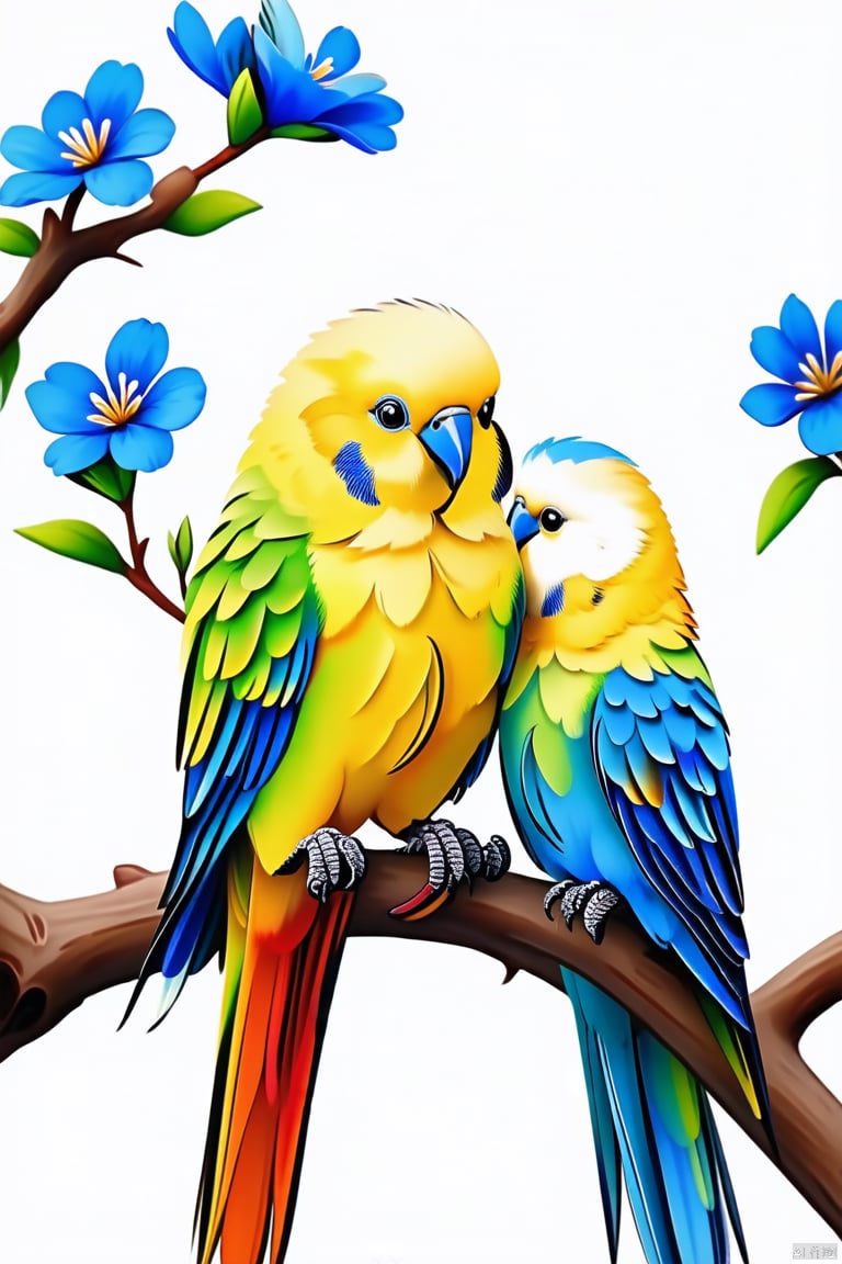 Chinese composition, a colorful parrots facing each other, perched on branches, long tail, blue flowers, artwork, white space, Chinese style, soft tone, low contrast, 2.5 D illustration, SD rendering, best quality, 4K, nature-inspired compositions,