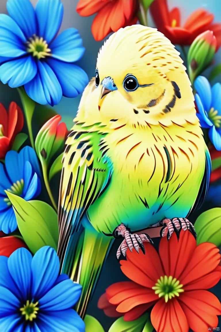 The lovely yellowish-green budgerigar, with its petal-like plumage among the blue and red flowers, is so lifelike