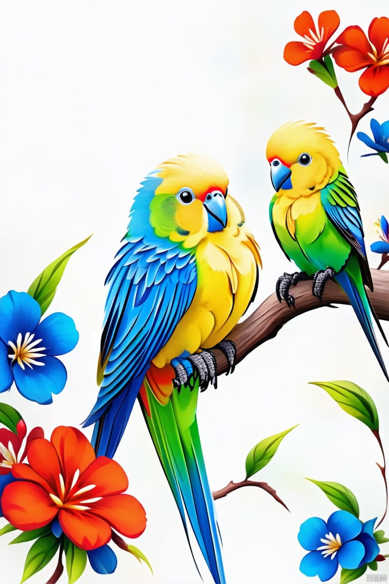 Chinese composition, a colorful parrots facing each other, perched on branches, long tail, blue flowers, artwork, white space, Chinese style, soft tone, low contrast, 2.5 D illustration, SD rendering, best quality, 4K, nature-inspired compositions,