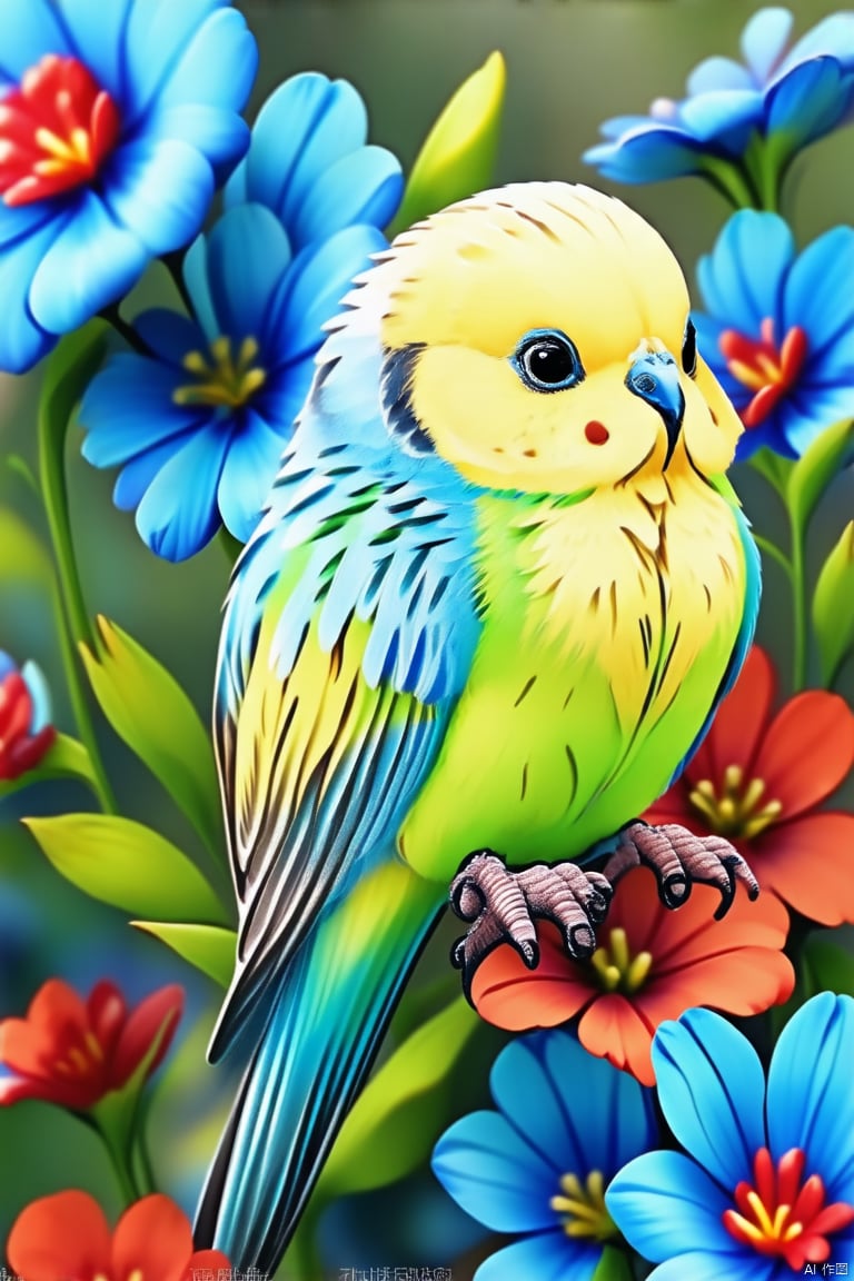 The lovely yellowish-green budgerigar, with its petal-like plumage among the blue and red flowers, is so lifelike