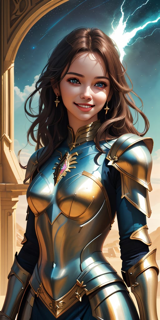 women,beautiful face, smiling ,2 piece , armour,goddess,hot ,divine magic, lighting sky,fantasy , cinematic .masterpiece high res ,detailed face,3k, realistic