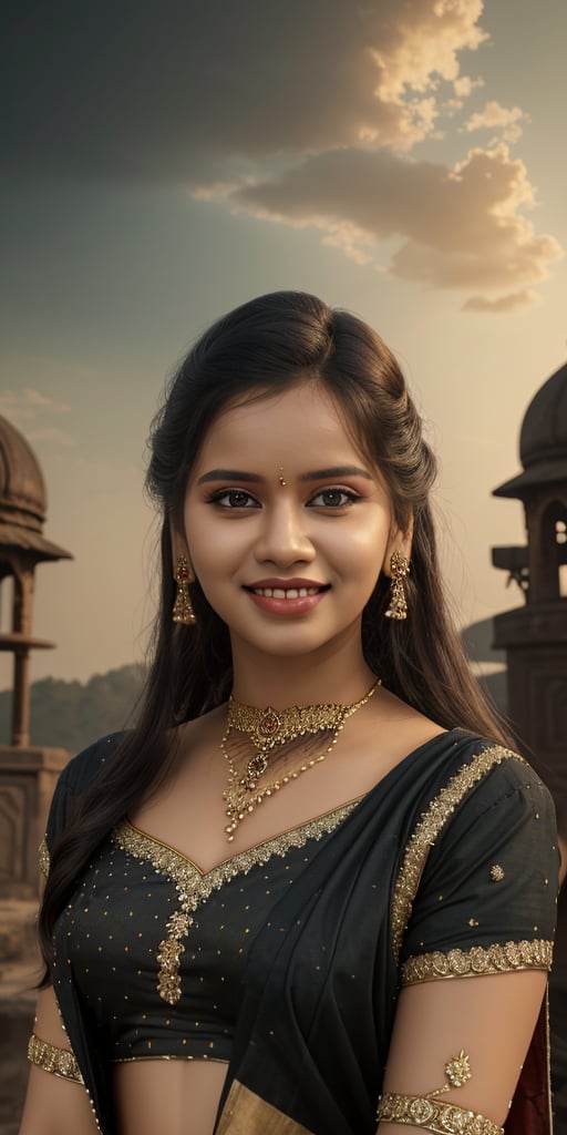 women,beautiful face, smiling ,2 piece , black lehenga,goddess,divine magic, lighting sky,fantasy , cinematic .masterpiece high res ,detailed face,3k, realistic