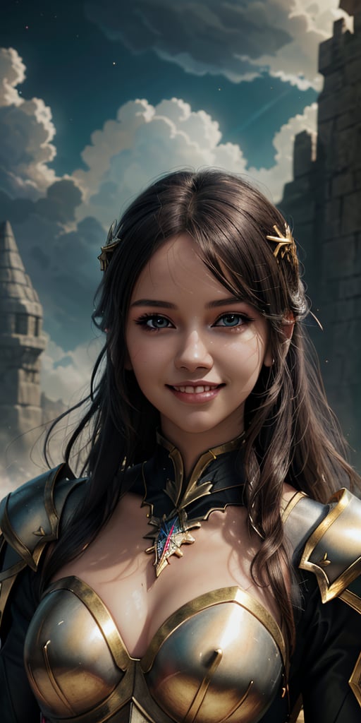 , women,beautiful face, smiling ,2piece, armour black,hot goddess divine magic, lighting sky,fantasy , cinematic .masterpiece high res ,detailed face,3k, anime