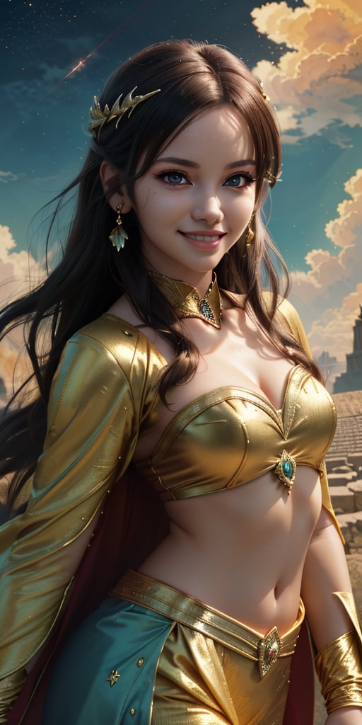 , women,beautiful face, smiling ,2piece, dancer,hot goddess divine magic, lighting sky,fantasy , cinematic .masterpiece high res ,detailed face,3k, anime