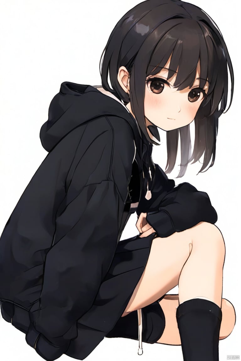 1girl, solo, looking at viewer, blush, bangs, skirt, simple background, socks, black hoodie, loose socks,loli